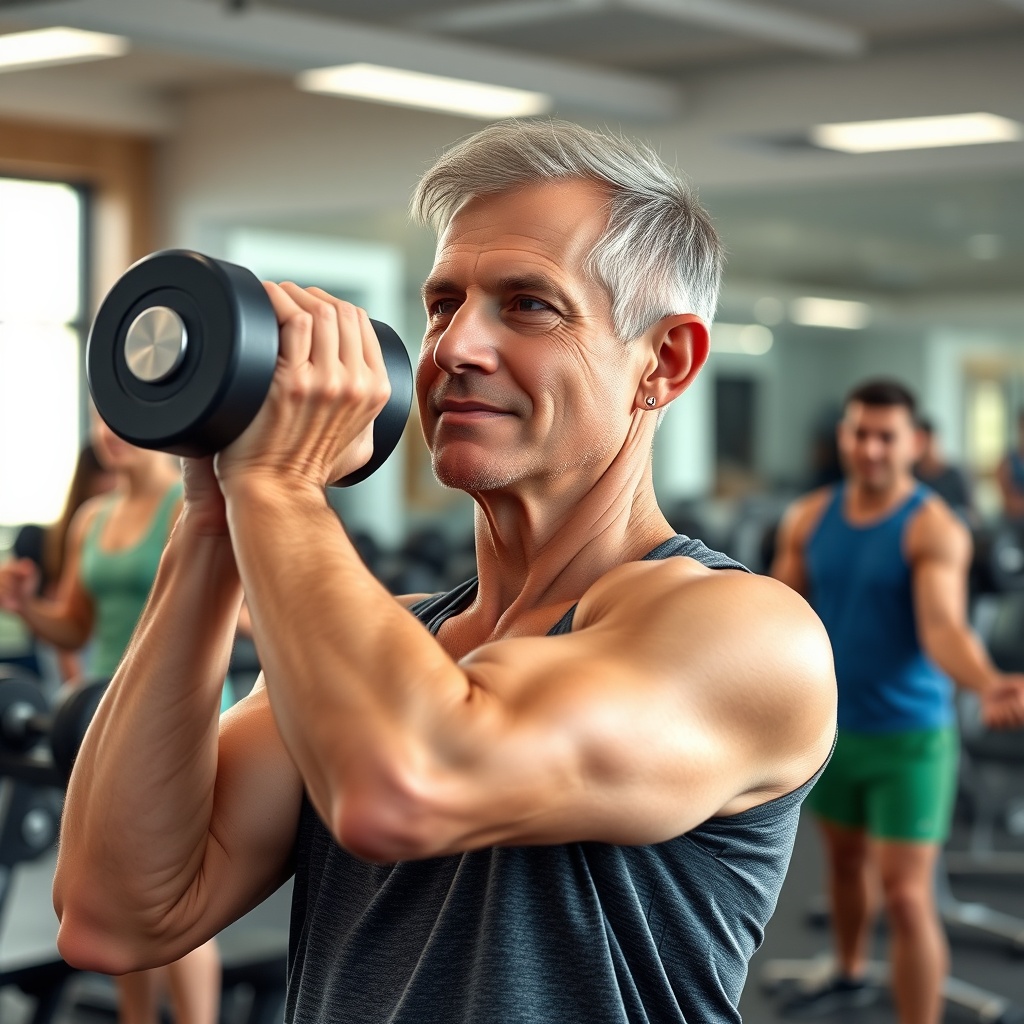 <clean photorealistic photo/illustration of a person lifting dumbbells in a gym with other
