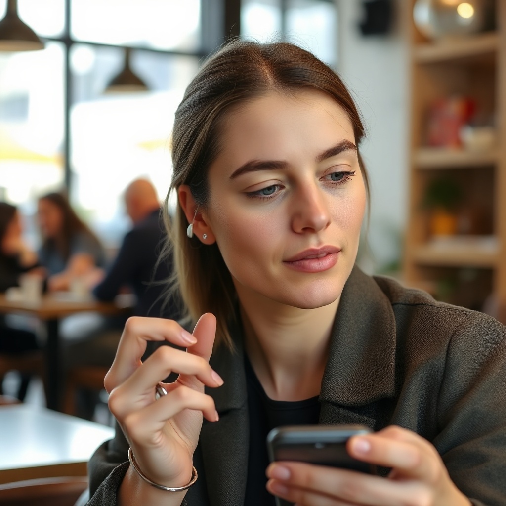 A clean photorealistic photo of a person in a coffee shop wearing HearWell Regeneration he