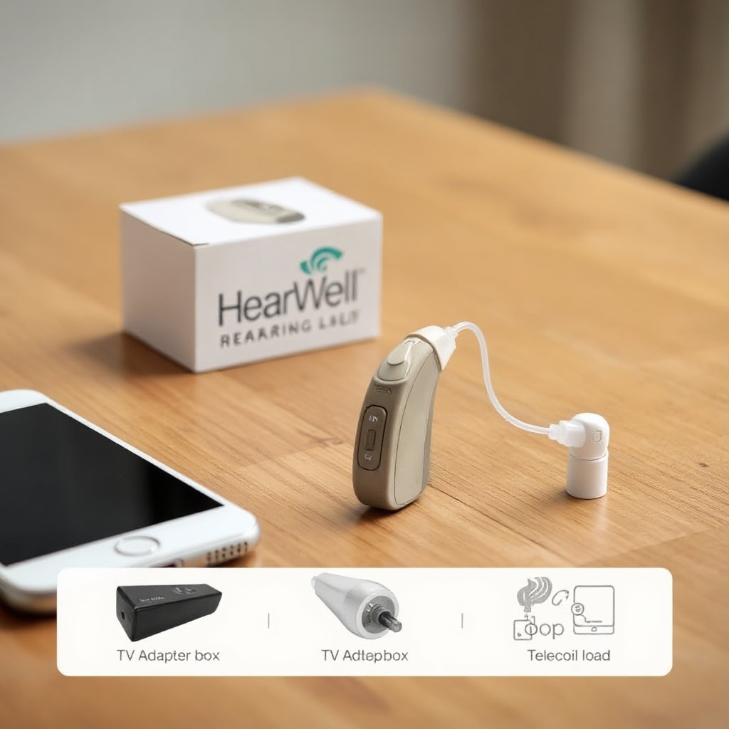 A clean photorealistic photo of the HearWell Regeneration hearing aids placed on a wooden