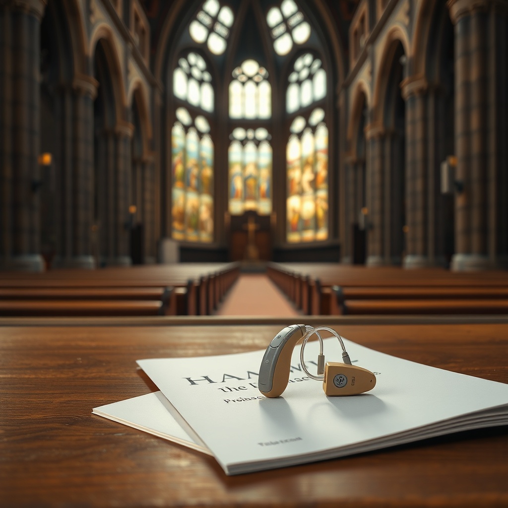 A photorealistic wide shot inside a large stone church at dusk