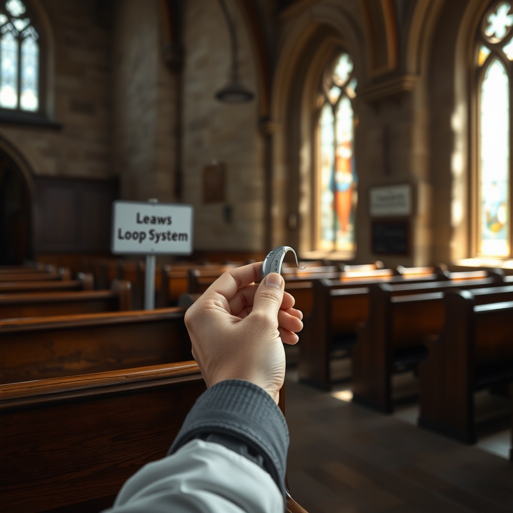 A photorealistic photo of a person in a pew inside a stone church