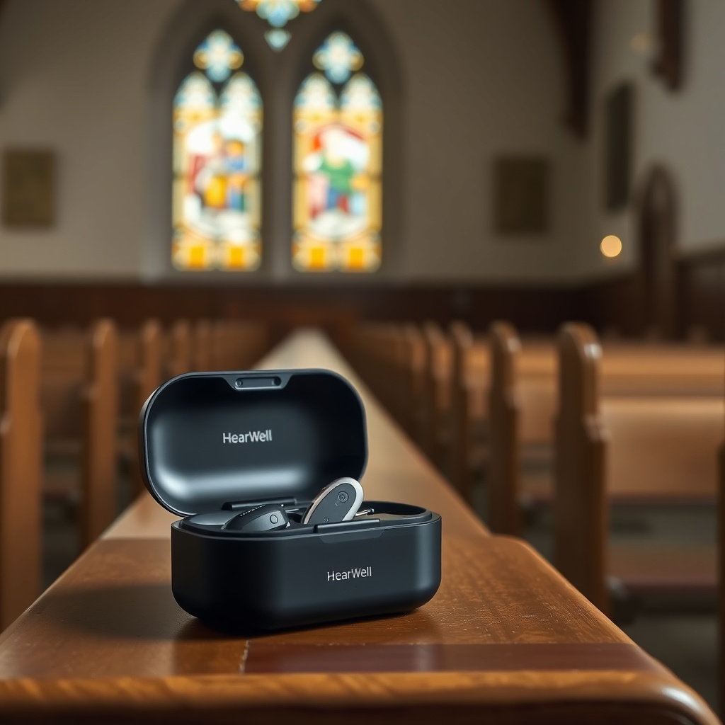 A photorealistic photo of a HearWell Regeneration hearing aid and its wireless charging ca
