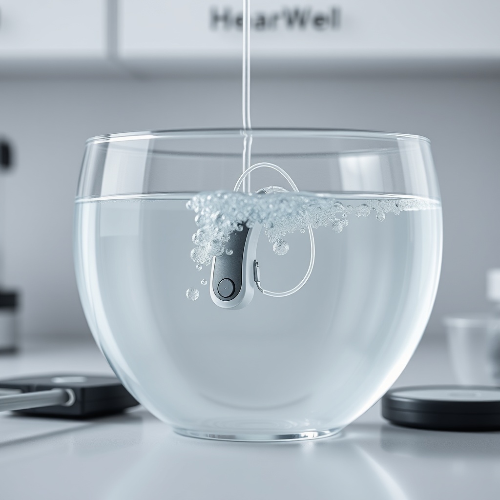 <clean photorealistic photo/illustration of a HearWell Regeneration hearing aid being subm