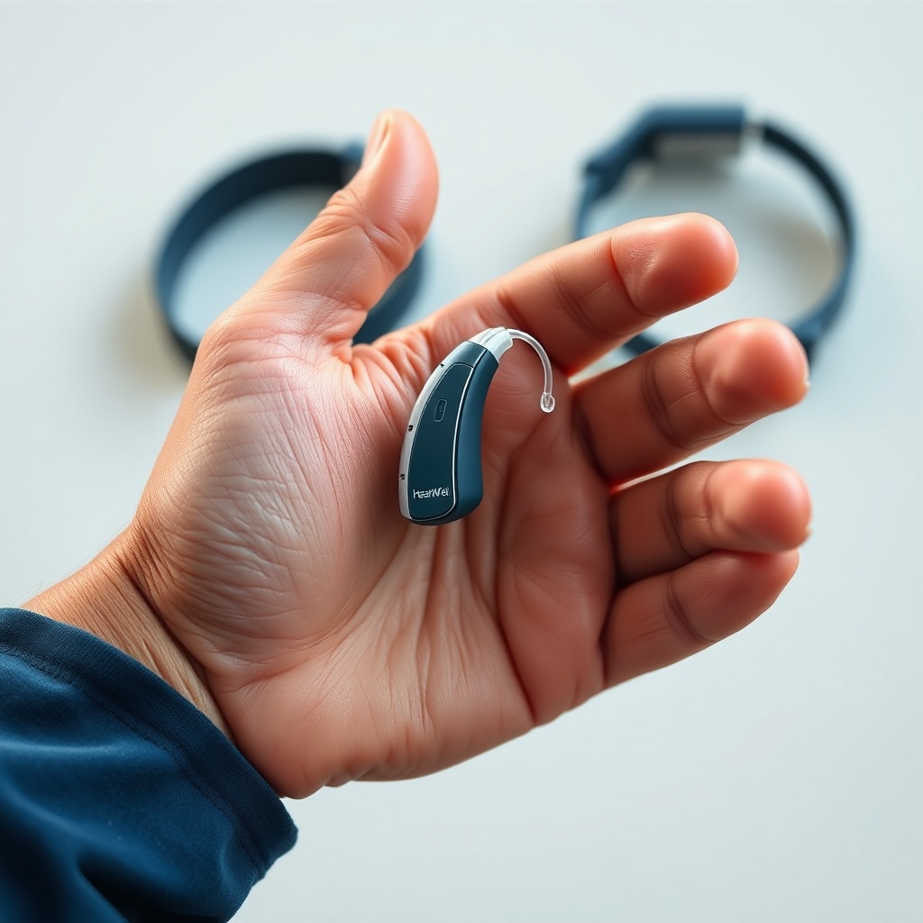 <clean photorealistic photo/illustration of a sweaty hand holding a HearWell Regeneration